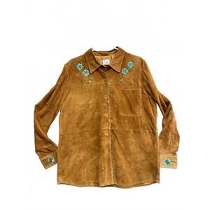 Jane Seymour Signature Brown Suede Button-Up Shirt w Embroidered Floral Details